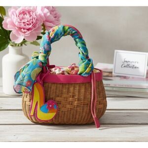 Bath and Body Works Straw Purse Vtg Whimsical Faux Leather Trim Draw Pink Floral